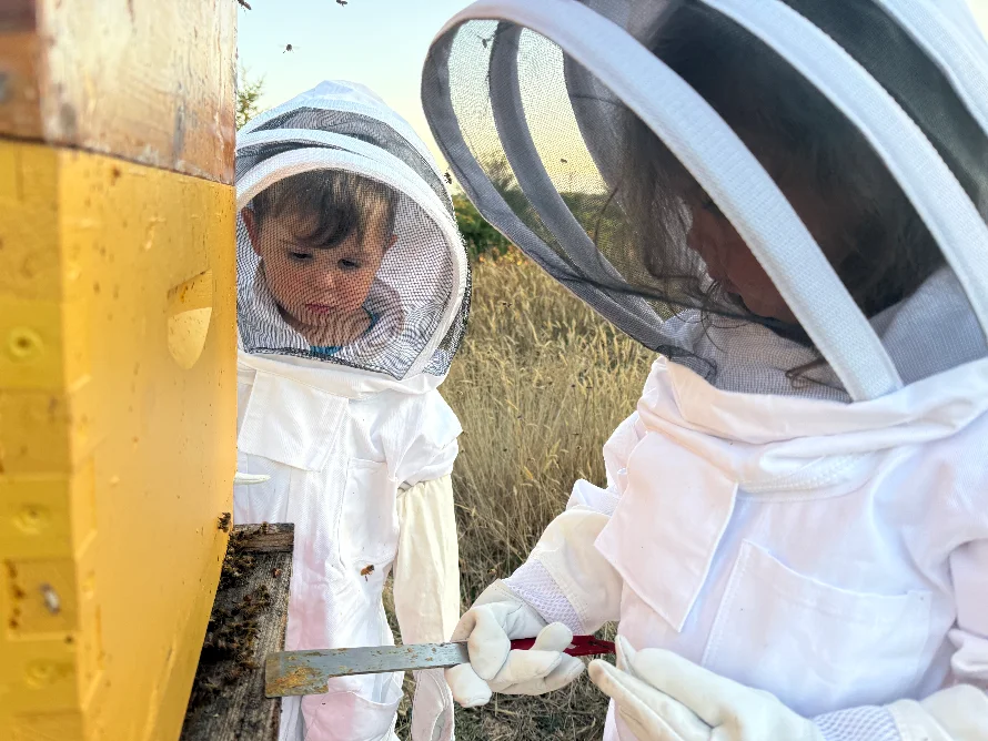 Our kids tending the hives on the farm